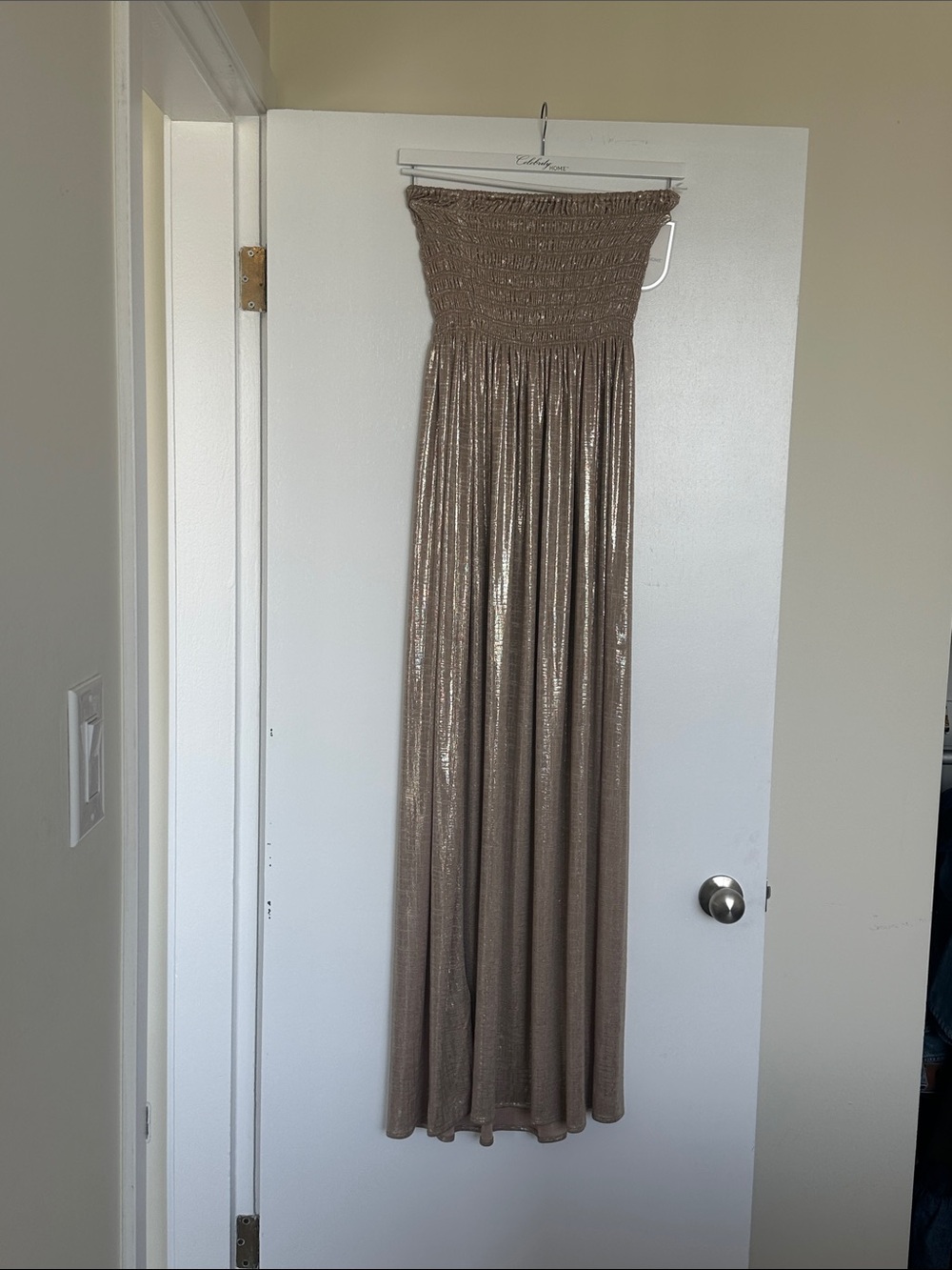 ba&sh Strapless Shimmer Maxi Dress in Taupe